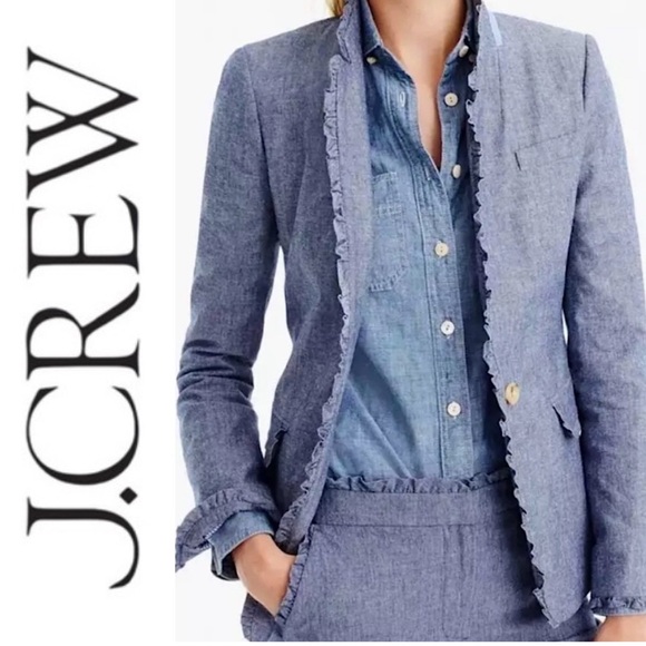 NWOT J. Crew Regent Single Button Blue Chambray Ruffle Blazer Women's Size 8 - Picture 1 of 16